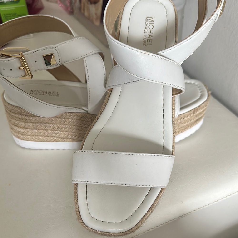 Michael Kors White Wedge Sandals with Jute Midsole